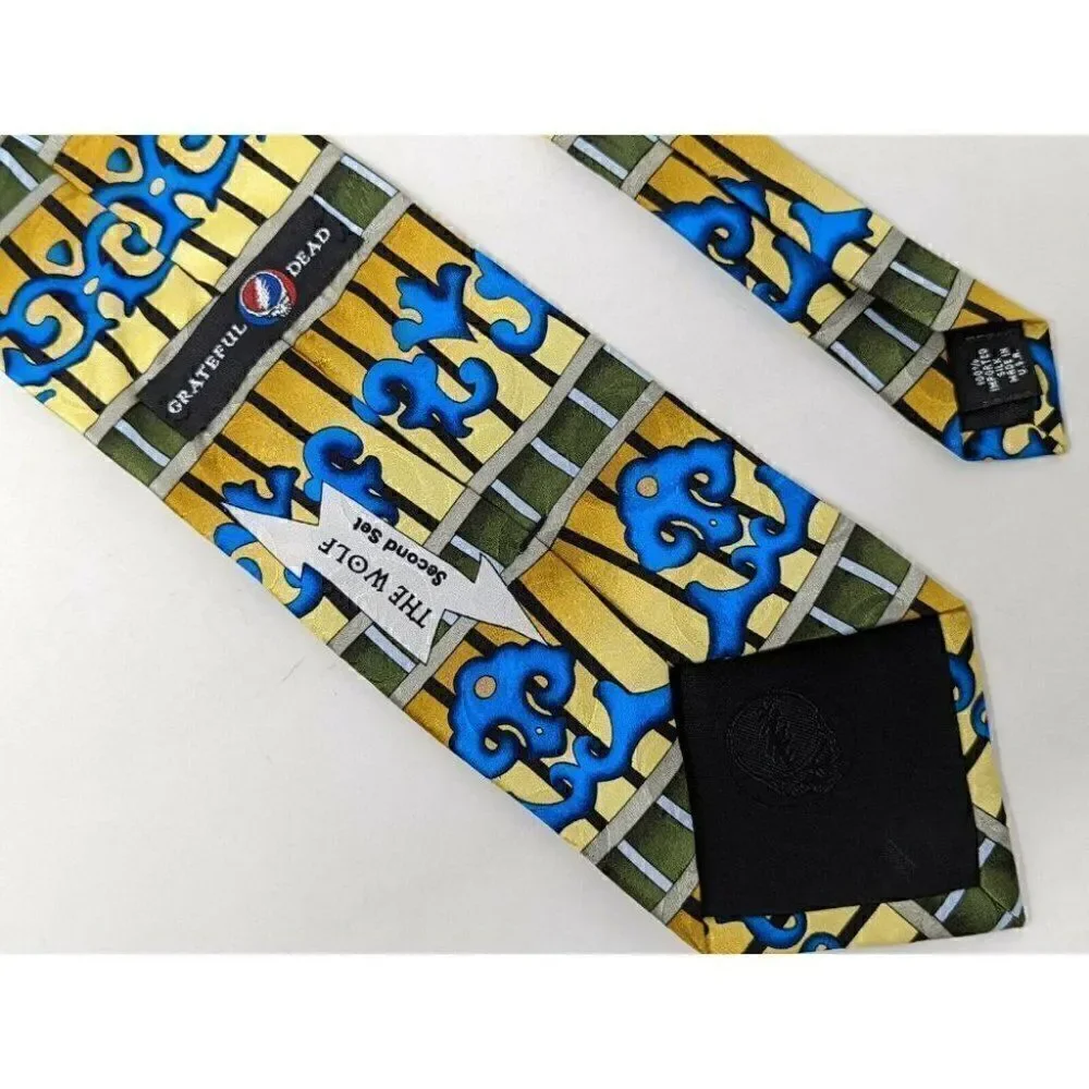 GRATEFUL DEAD SILK TIE THE WOLF 2ND SET GEOMETRIC BLUE GOLD OLIVE 3.5
